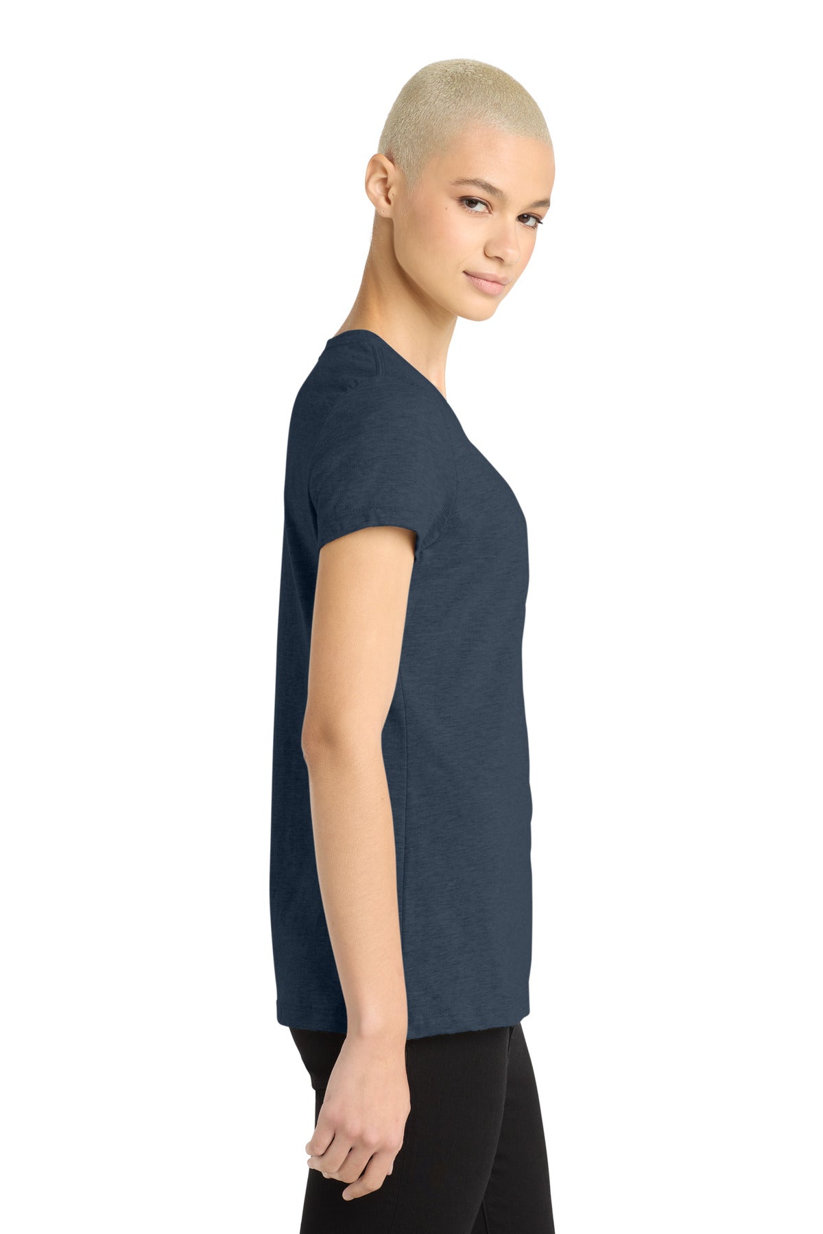 Right View of Hthr Navy District Women's Perfect Blend CVC Tee. DM108L plain