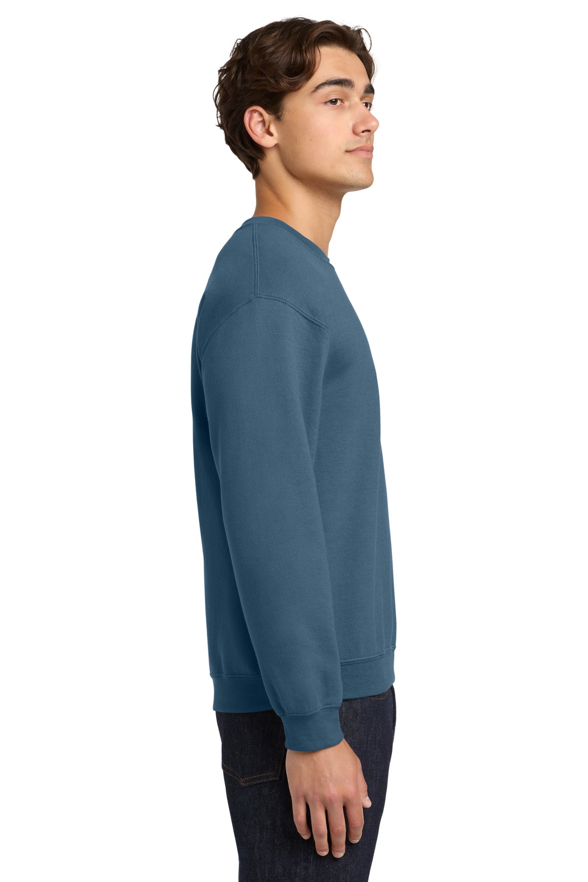 Right View of Indigo Blue Gildan Heavy Blend Crewneck Sweatshirt. 18000 plain