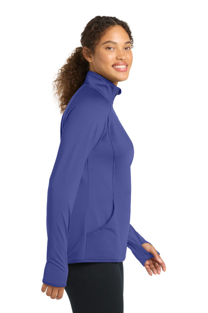 Right View of Iris Purple Sport-Tek Women's Sport-Wick Stretch 1/4-Zip Pullover. LST850 plain