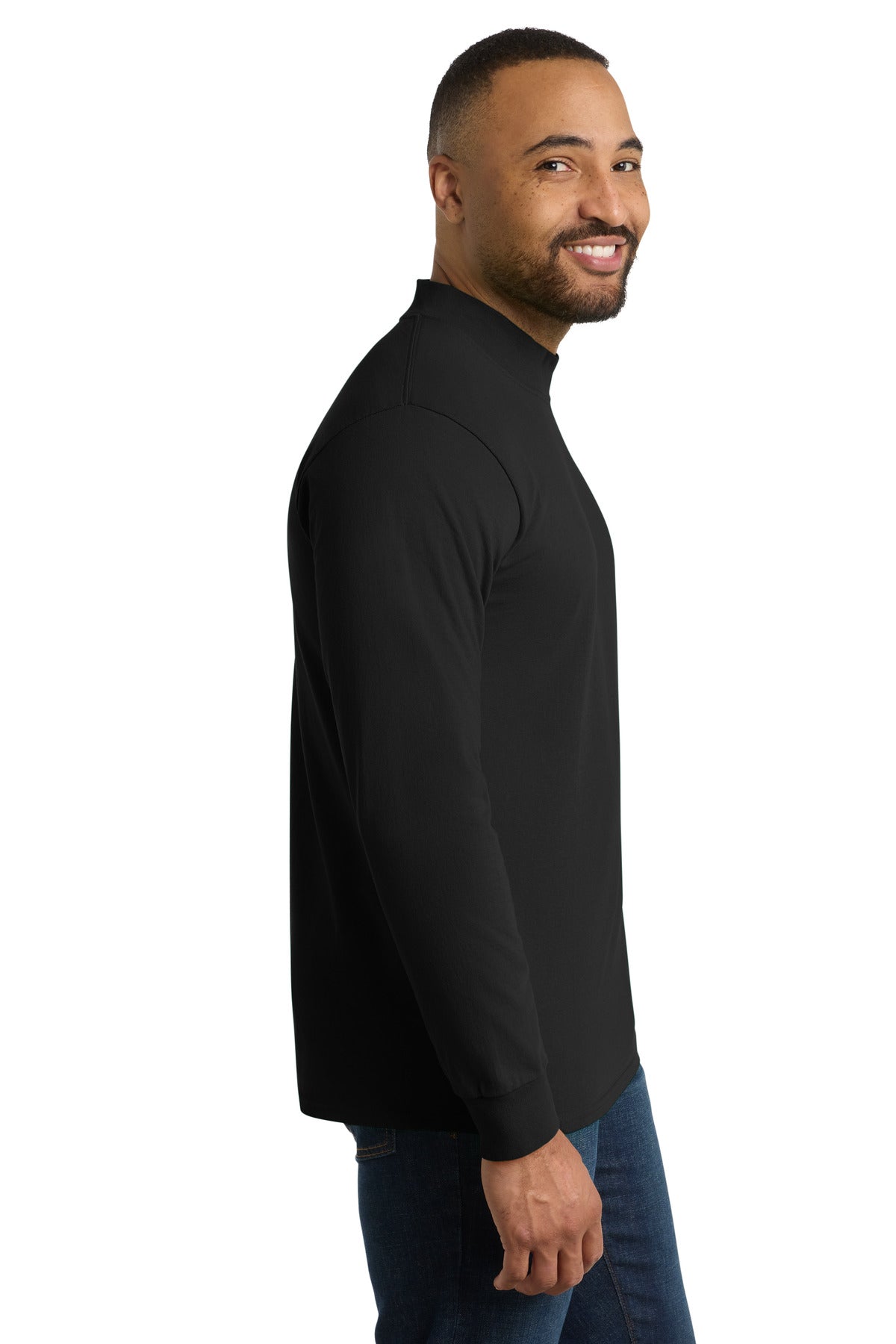 Right View of Jet Black Port & Co Essential Mock Turtleneck. PC61M plain
