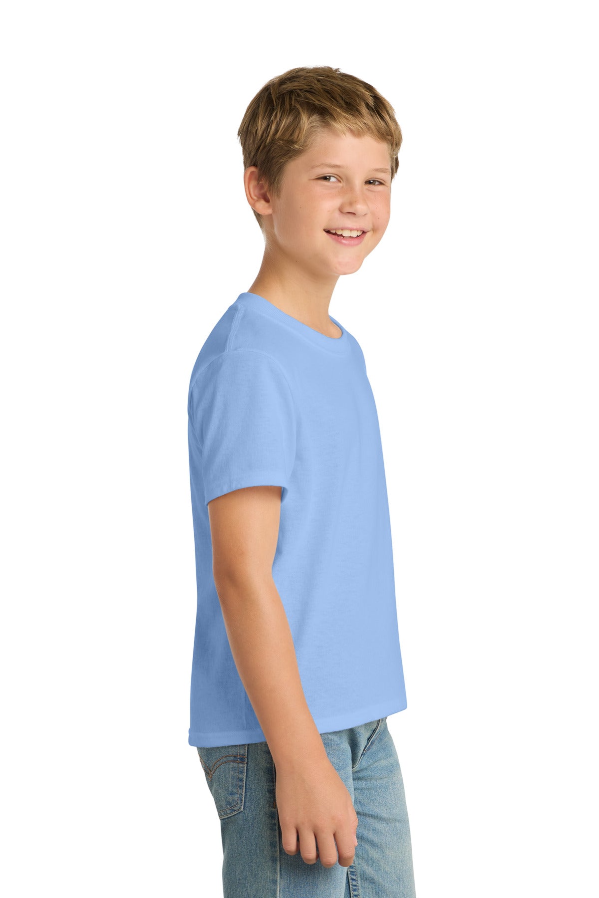 Right View of Light Blue Port & Co Youth Core Blend Tee. PC55Y plain