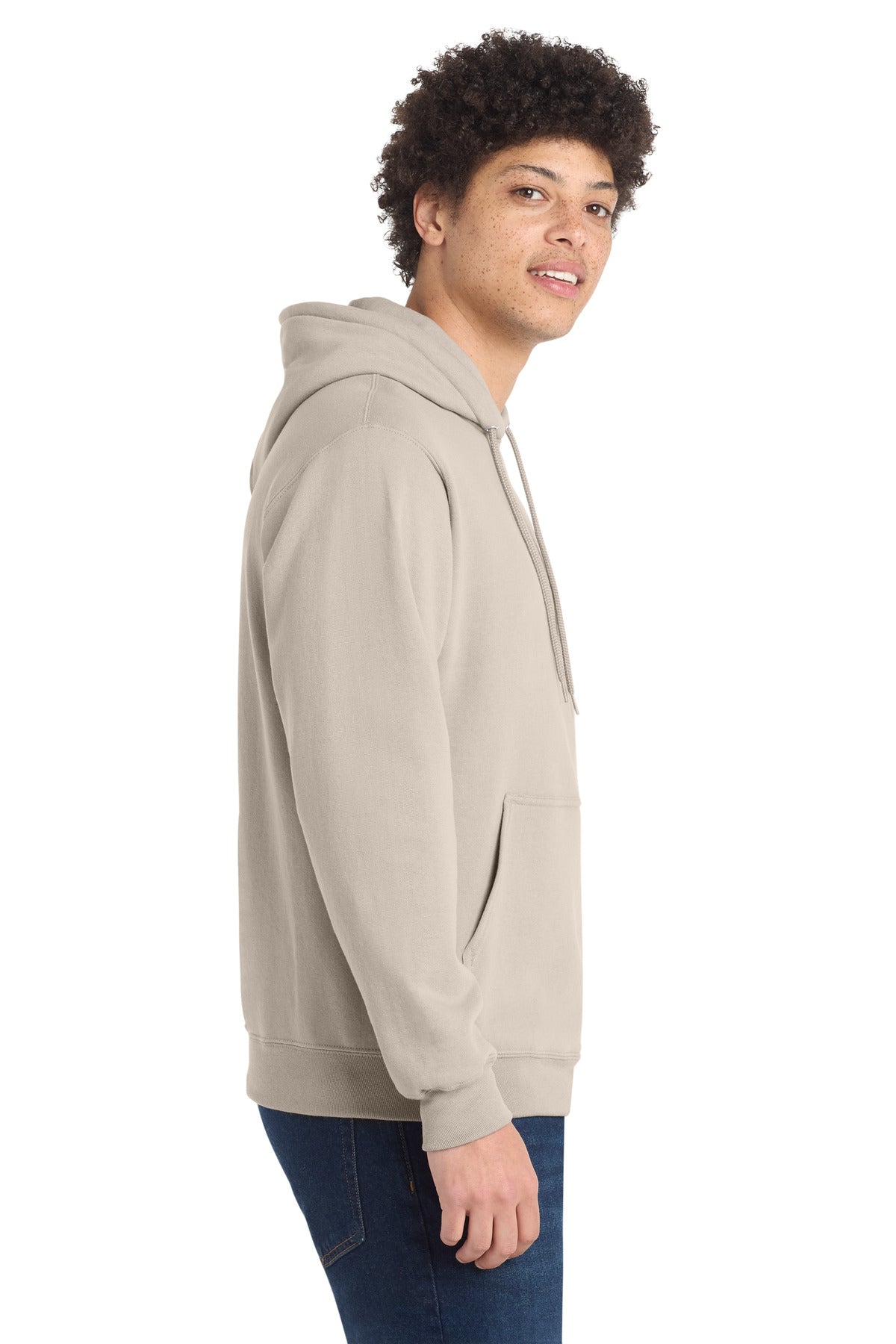 Right View of LightSand Port & Co Core Fleece Pullover Hooded Sweatshirt. PC78H plain