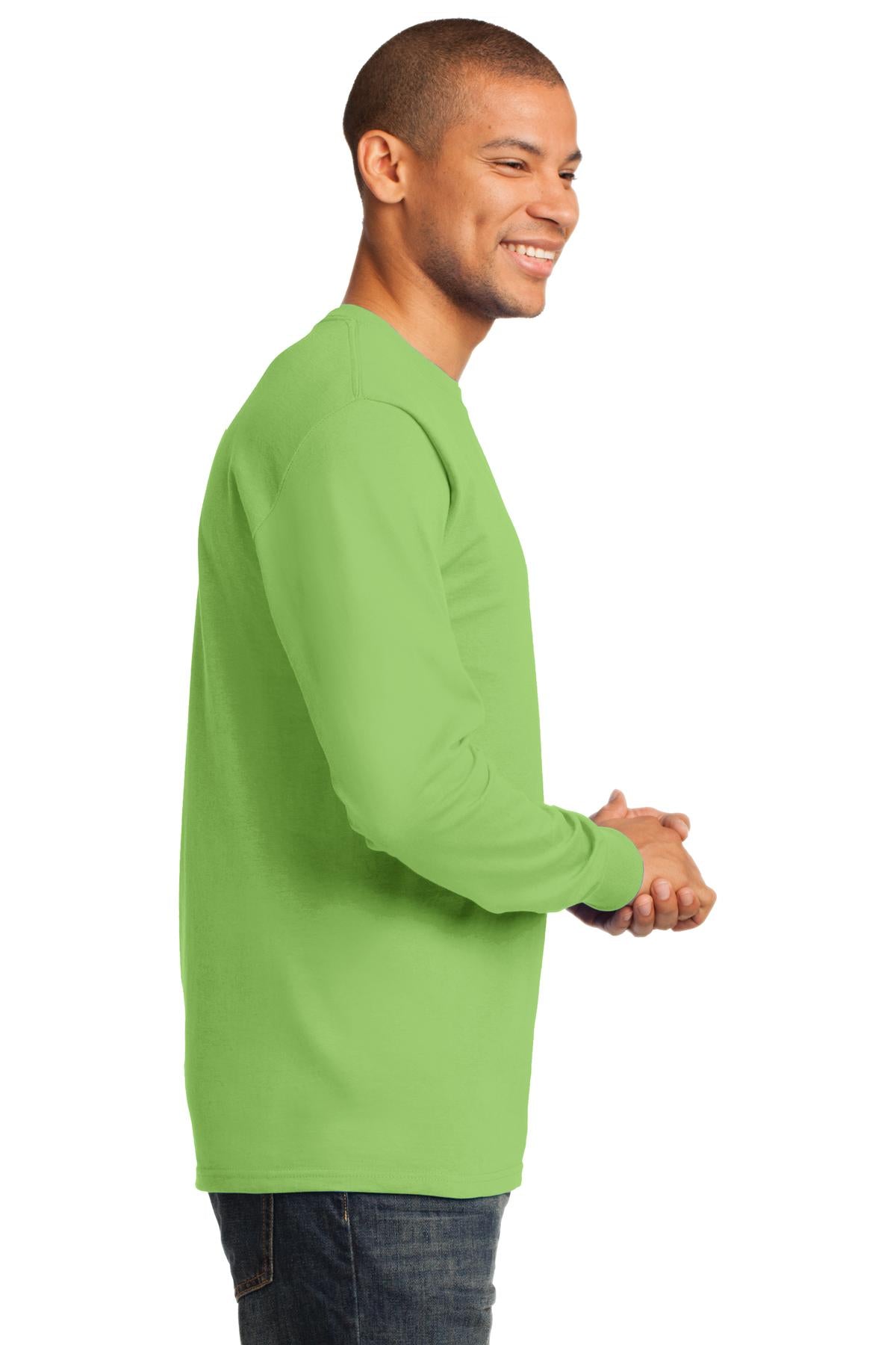 Right View of Lime Port & Co Long Sleeve Essential Tee. PC61LS plain