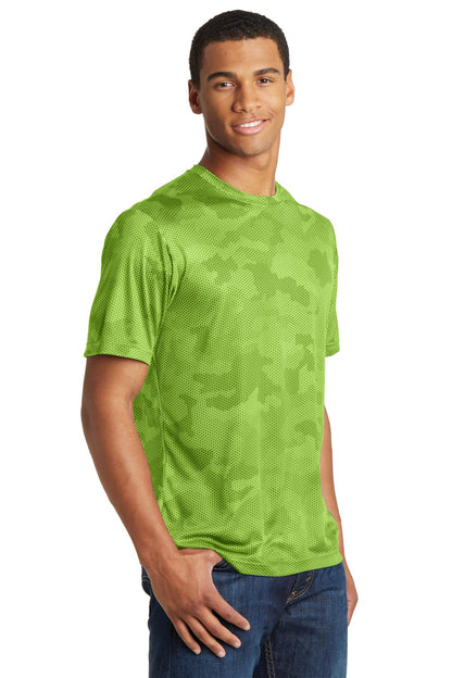 Right View of Lime Shock Sport-Tek CamoHex Tee. ST370 plain