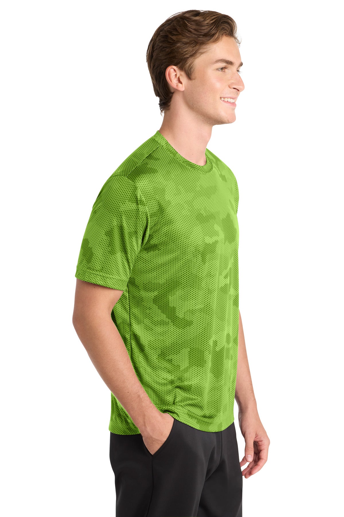 Right View of Lime Shock Sport-Tek CamoHex Tee. ST370 plain