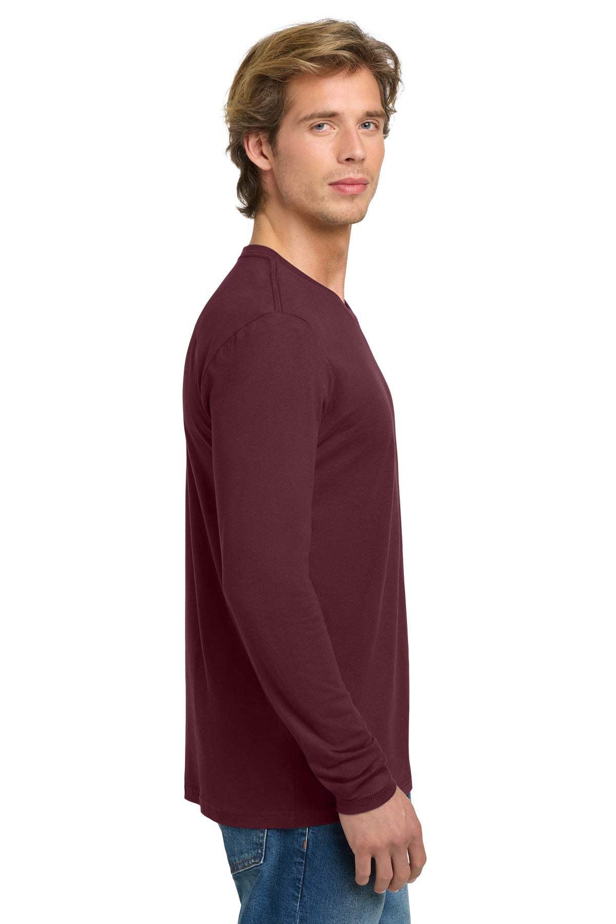 Right View of Maroon Next Level Apparel Cotton Long Sleeve Tee. NL3601 plain