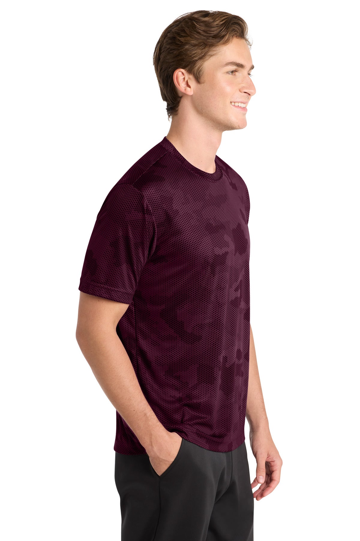 Right View of Maroon Sport-Tek CamoHex Tee. ST370 plain