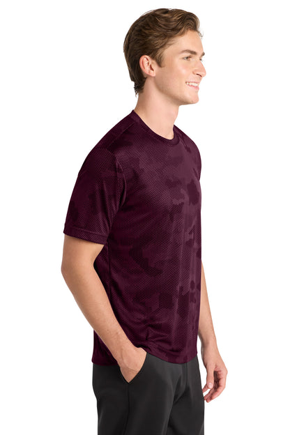 Right View of Maroon Sport-Tek CamoHex Tee. ST370 plain