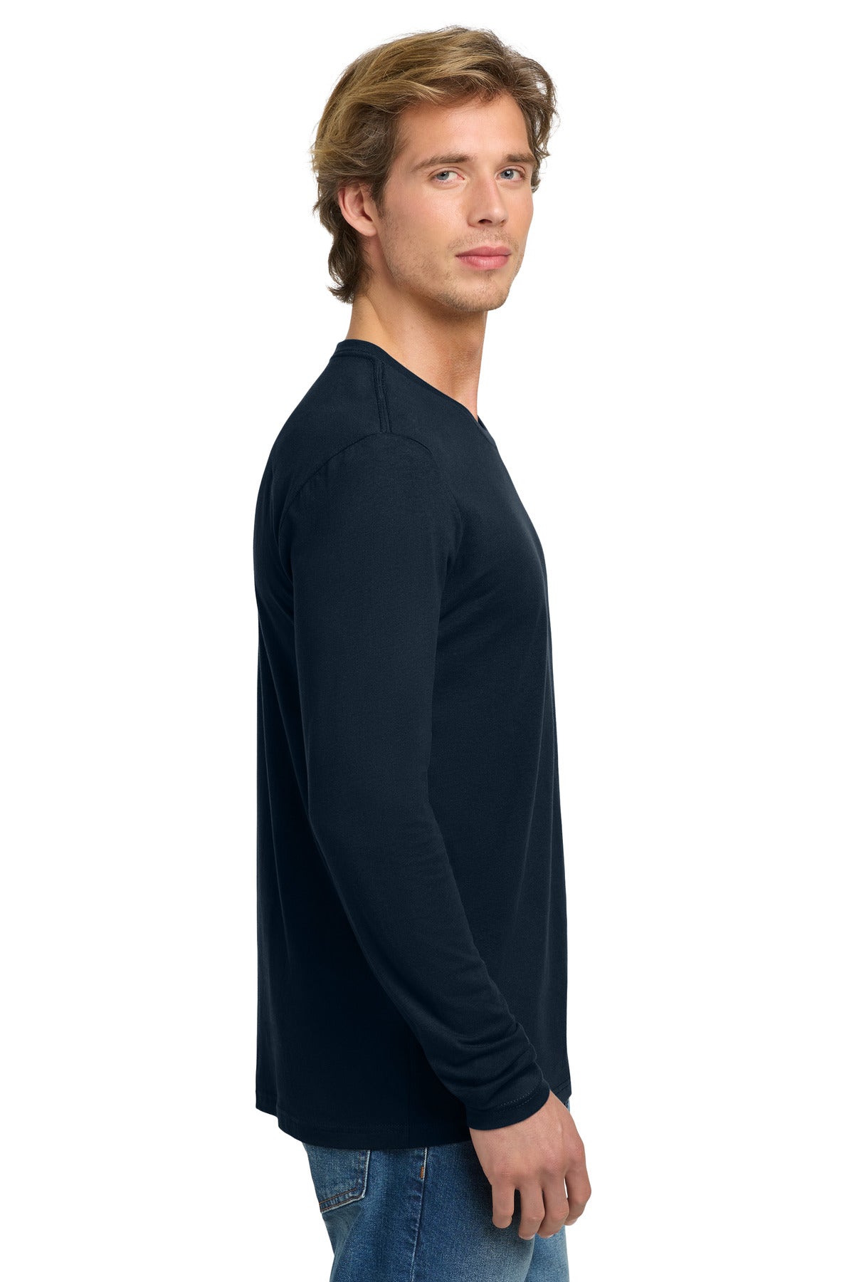 Right View of MdntNavy Next Level Apparel Cotton Long Sleeve Tee. NL3601 plain