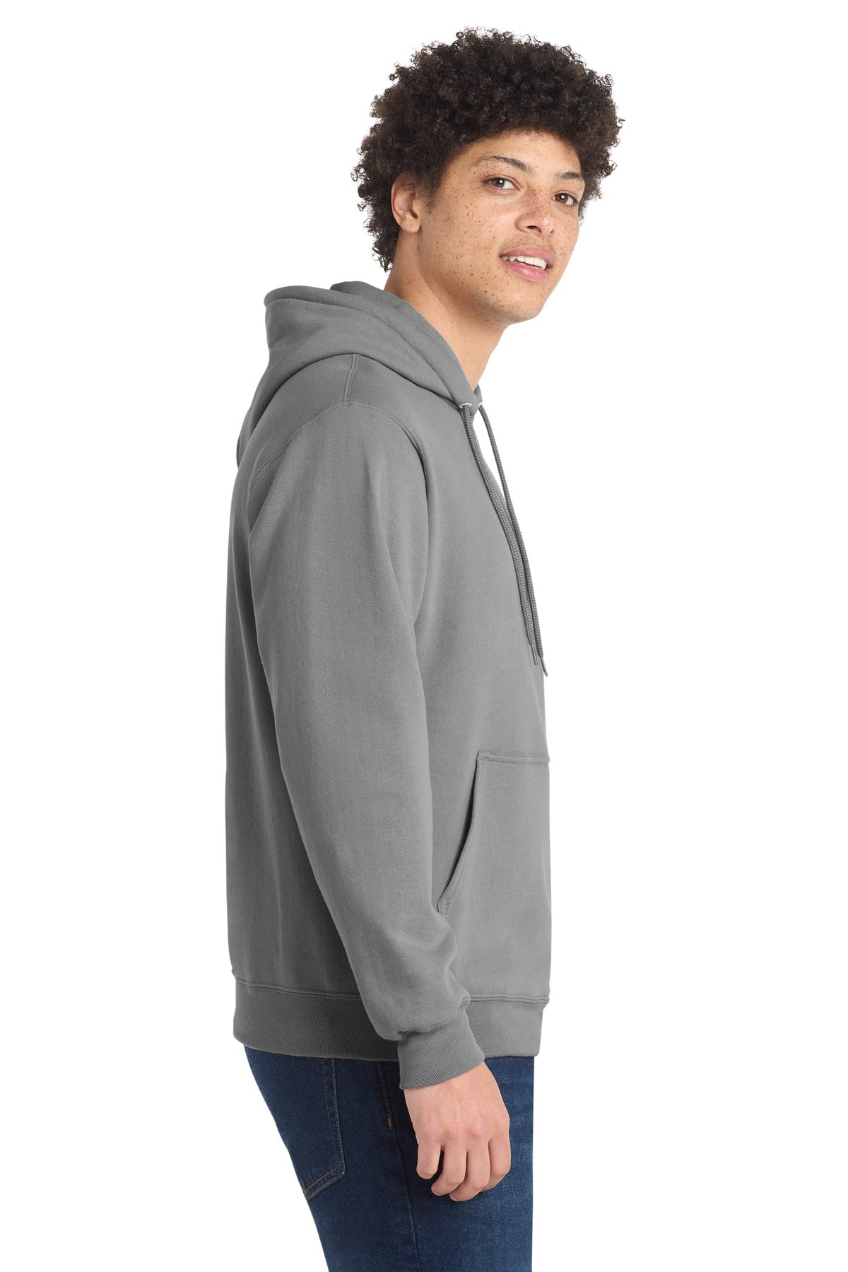 Right View of Medium Grey Port & Co Core Fleece Pullover Hooded Sweatshirt. PC78H plain