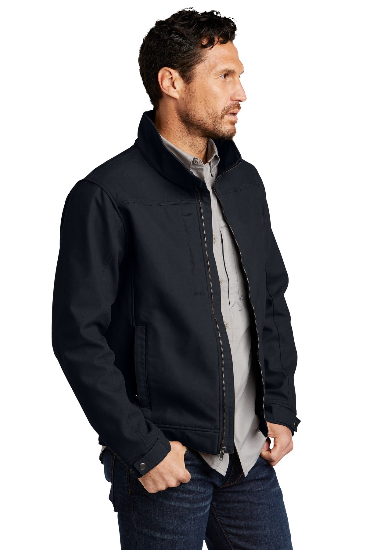 Right View of Navy Blue CornerStone Duck Bonded Soft Shell Jacket CSJ60 plain