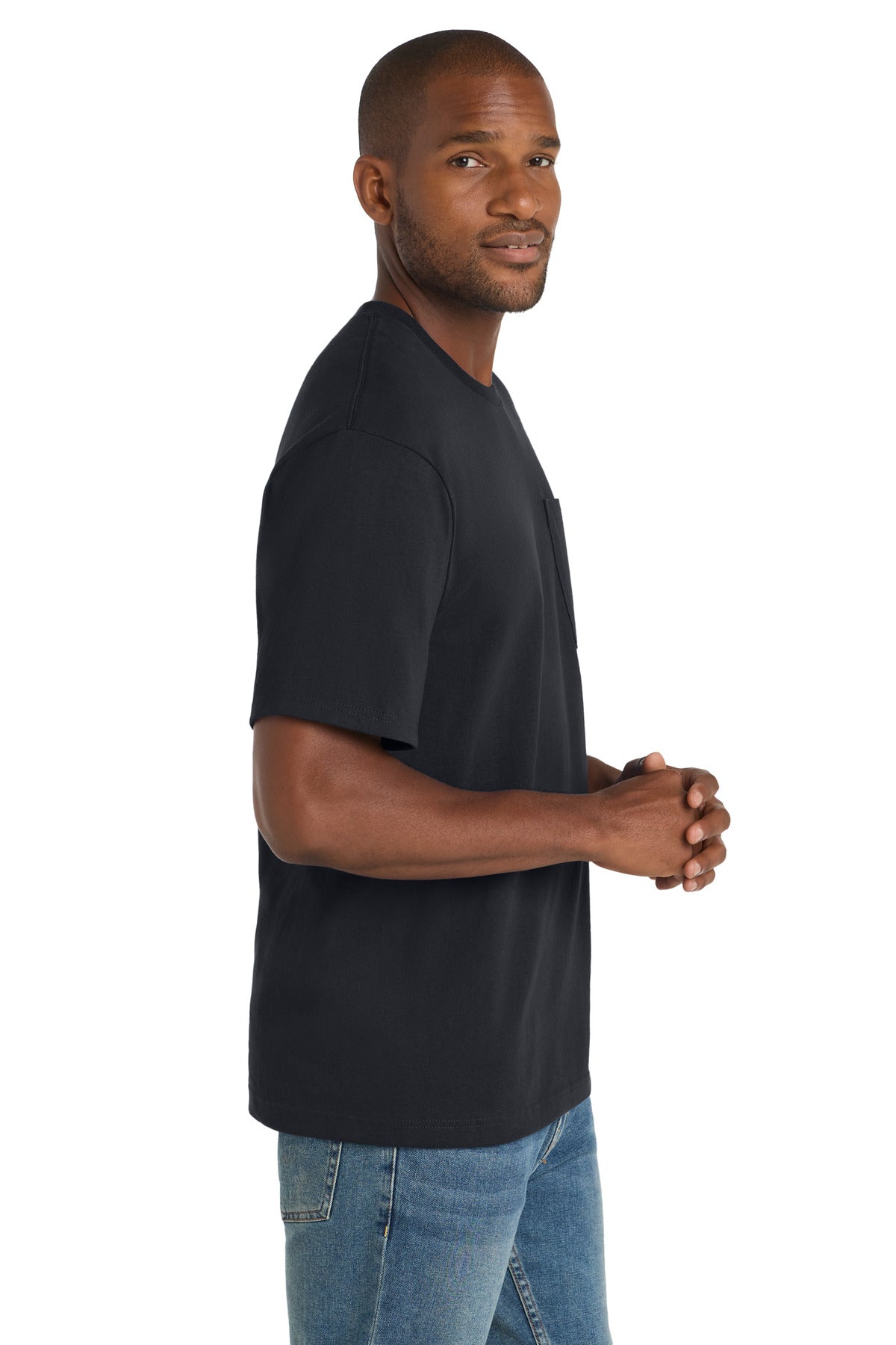 Right View of Navy Blue CornerStone Workwear Pocket Tee CS430 plain