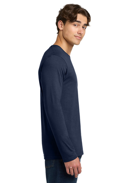 Right View of Navy Gildan Softstyle Long Sleeve T-Shirt. 64400 plain
