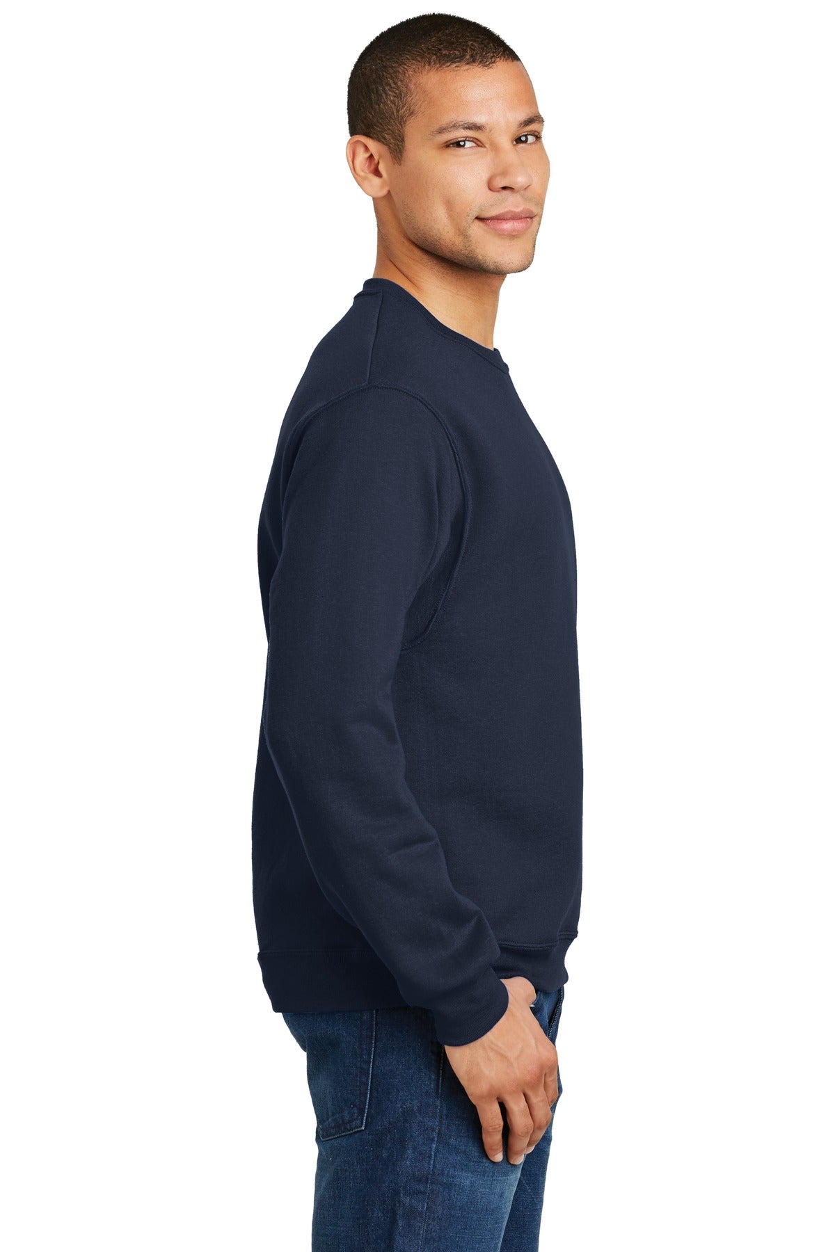 Right View of Navy Jerzees - NuBlend Crewneck Sweatshirt. 562M plain