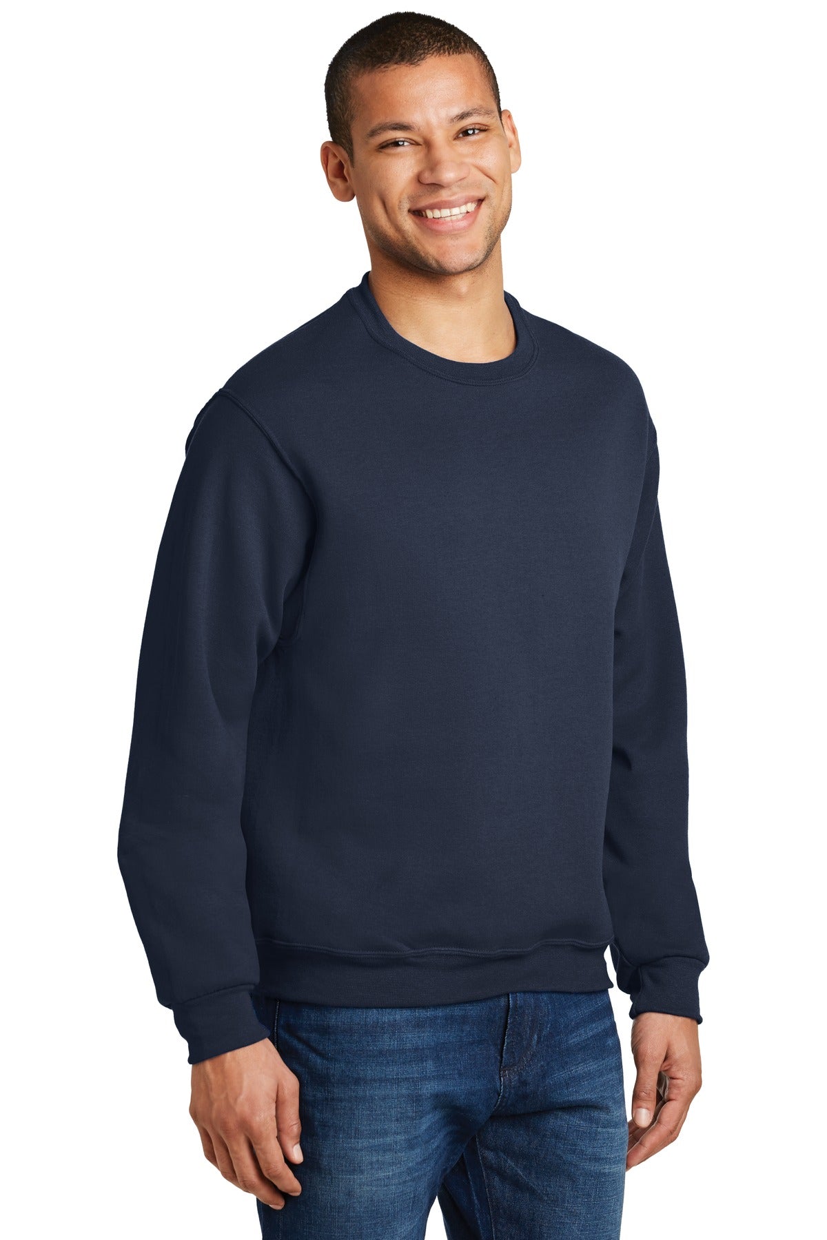 Right View of Navy Jerzees - NuBlend Crewneck Sweatshirt. 562M plain