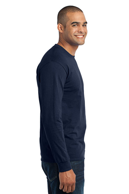 Right View of Navy Port & Co Tall Long Sleeve Core Blend Tee. PC55LST plain