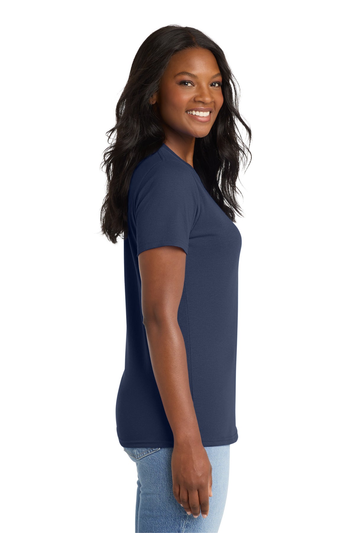 Right View of Navy Port & Co Women's Core Blend Tee. LPC55 plain