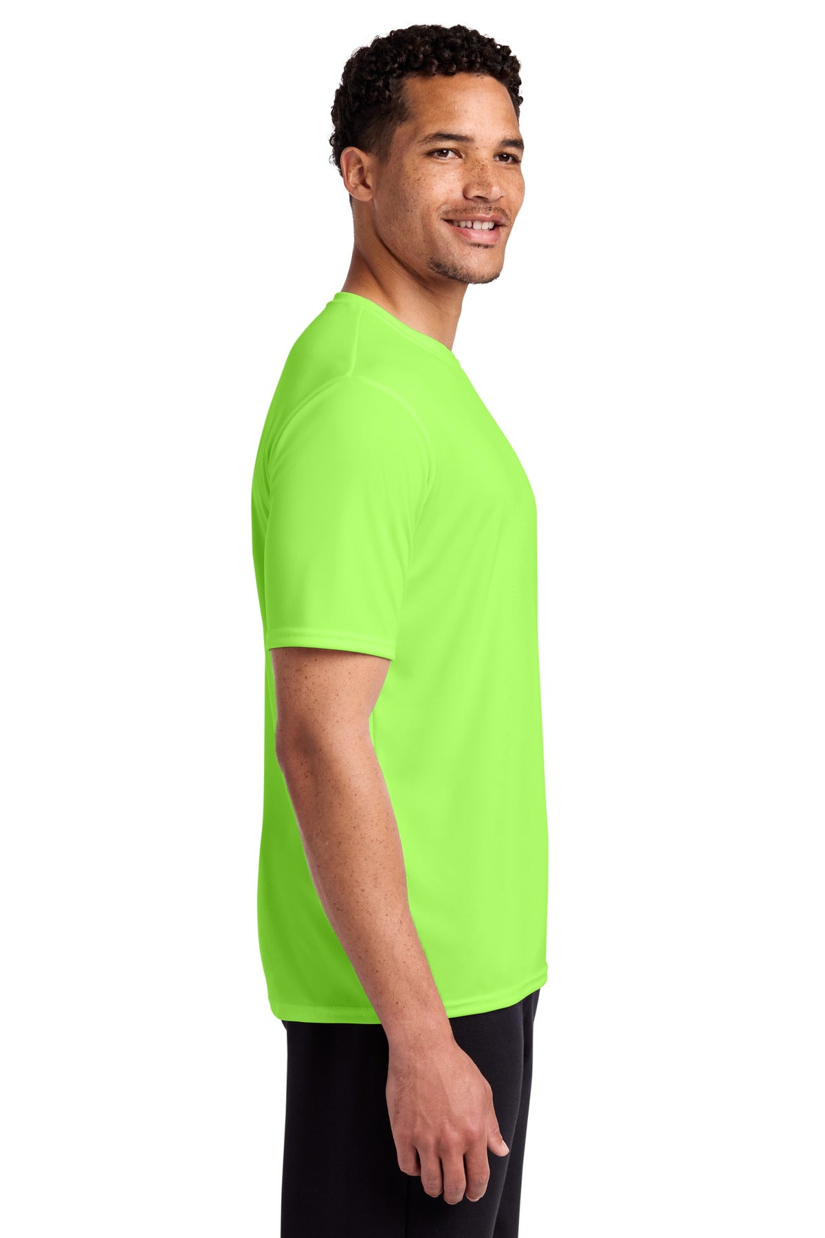 Right View of Neon Green Port & Co Performance Tee. PC380 plain