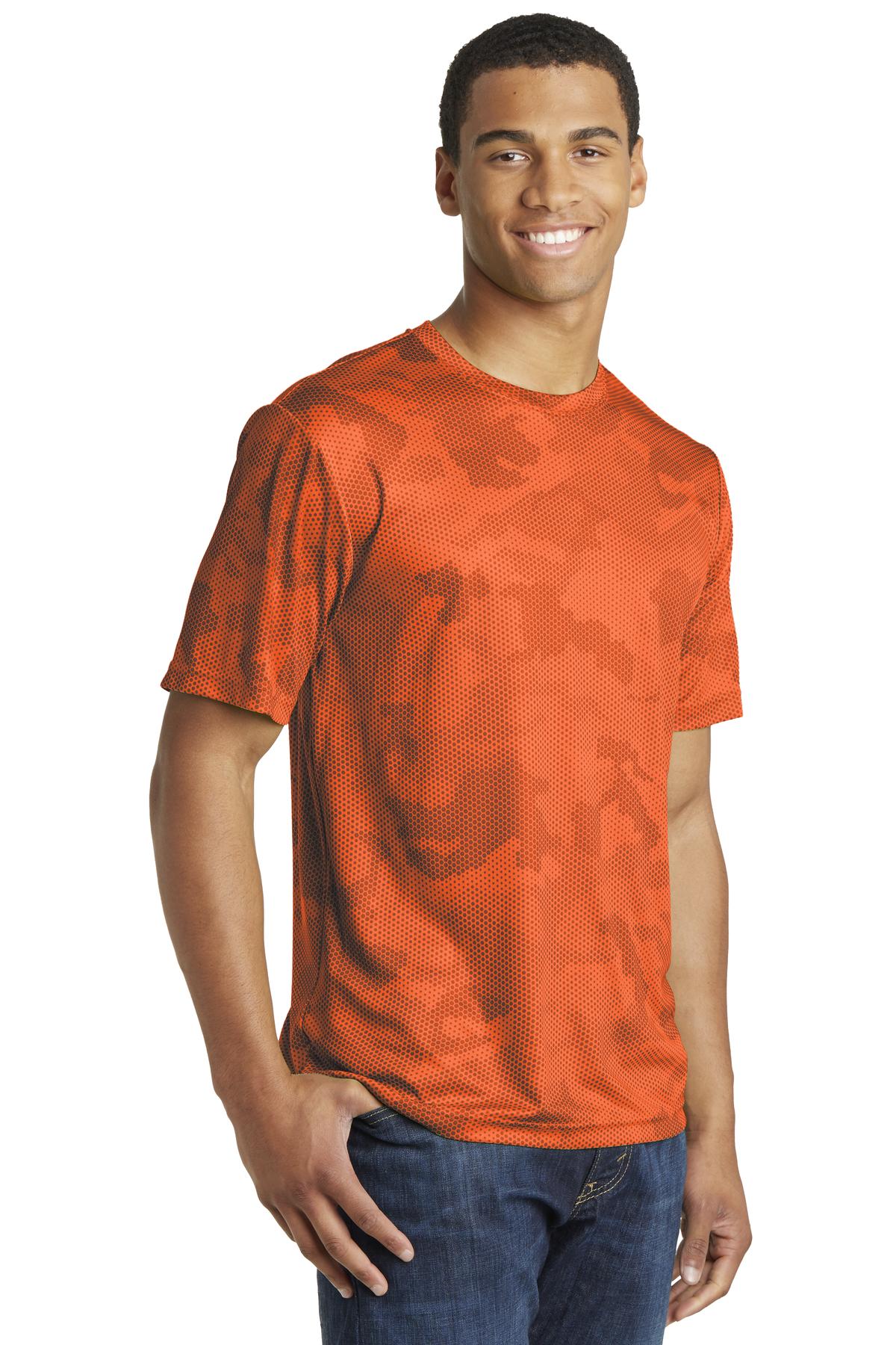 Right View of Neon Orange Sport-Tek CamoHex Tee. ST370 plain