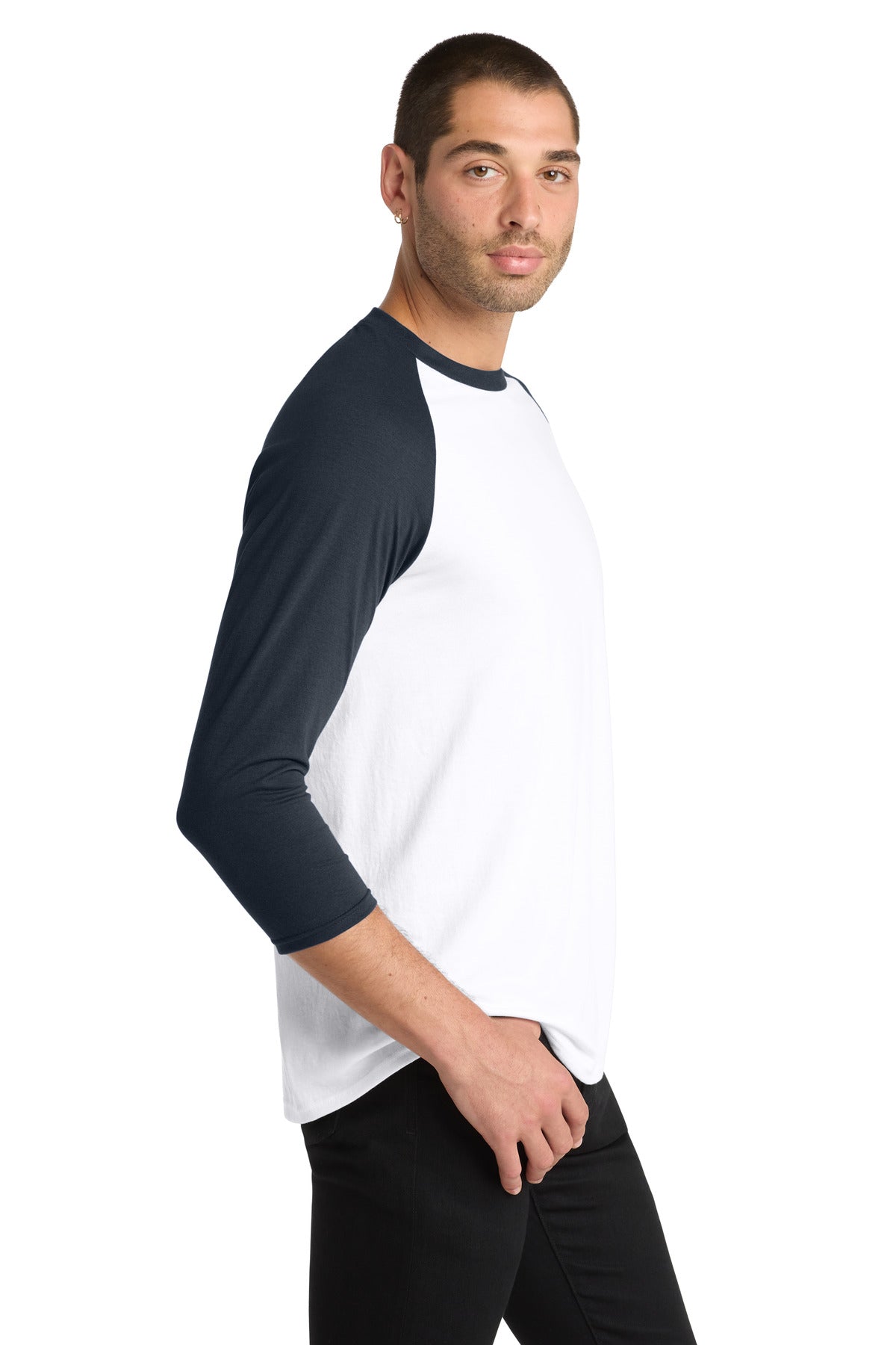 Right View of New Navy/White District Perfect Tri 3/4-Sleeve Raglan. DM136 plain