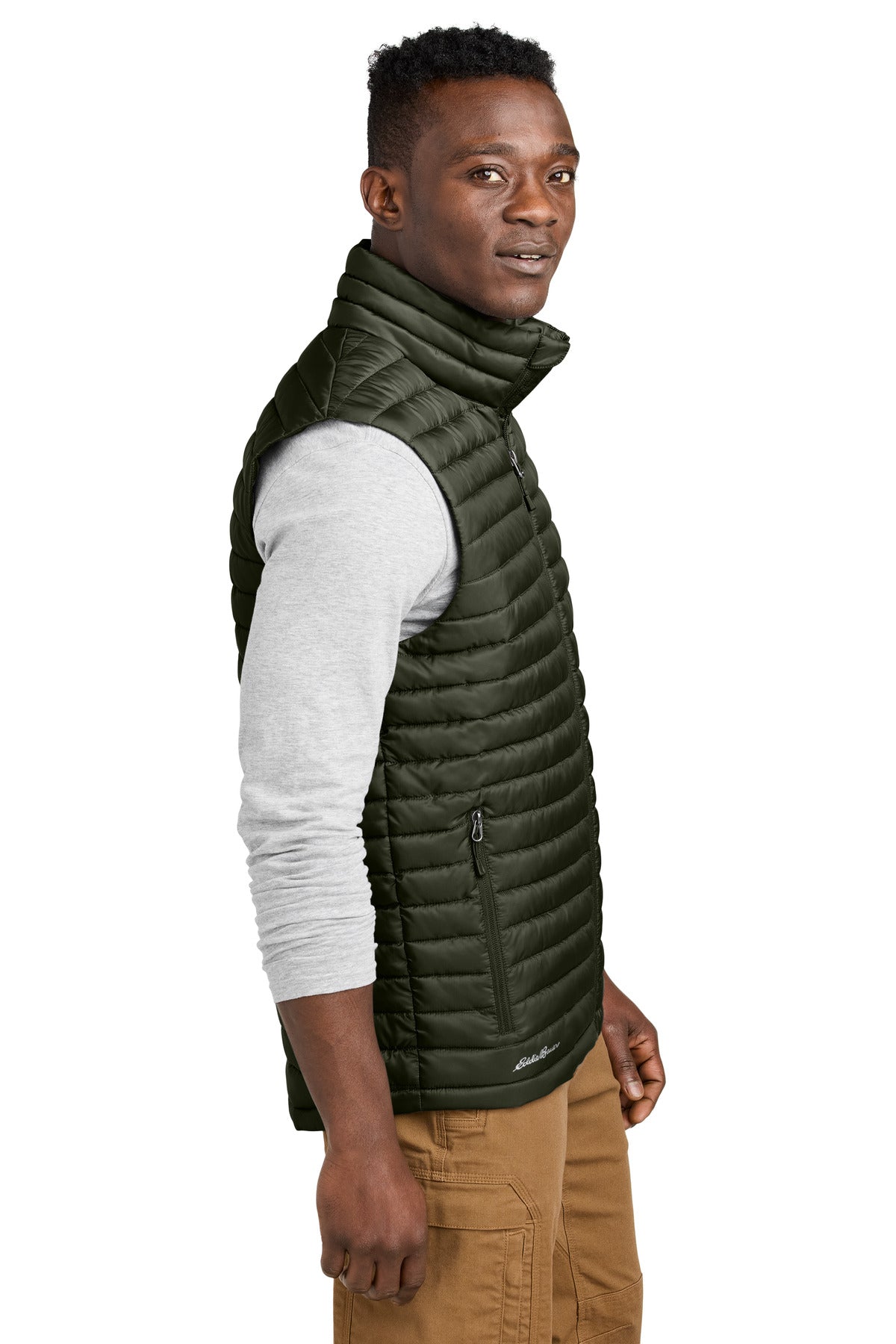Right View of OliveGreen Eddie Bauer Packable Quilted Vest EB516 plain