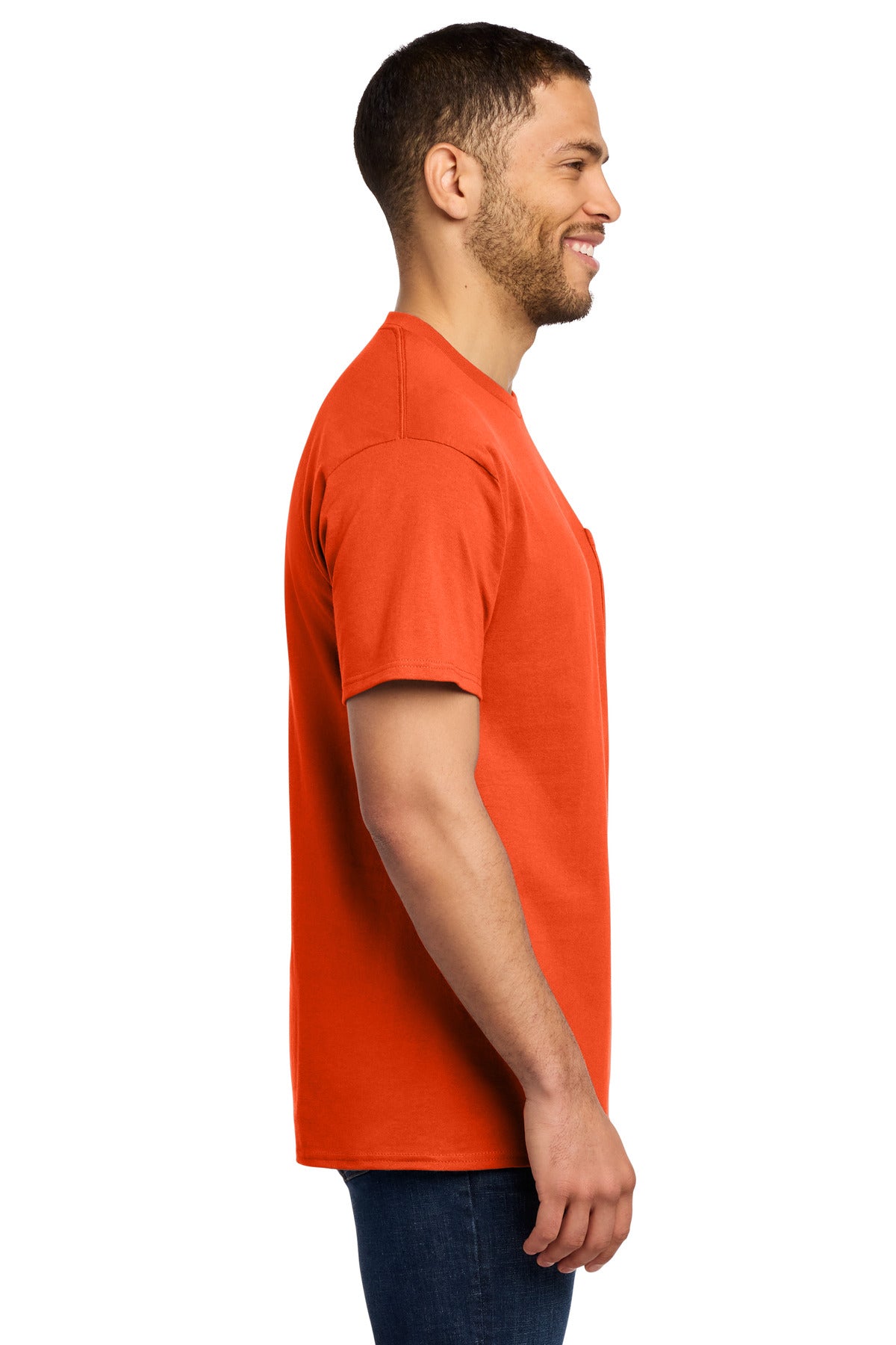 Right View of Orange Port & Co Tall Essential Pocket Tee. PC61PT plain