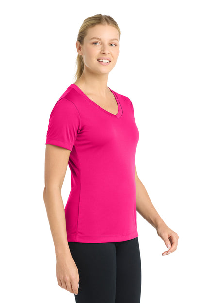 Right View of Pink Raspberry Sport-Tek Women's PosiCharge Competitor V-Neck Tee. LST353 plain