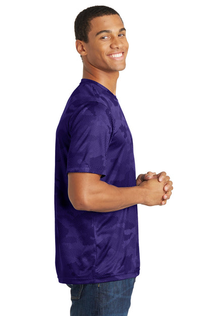 Right View of Purple Sport-Tek CamoHex Tee. ST370 plain