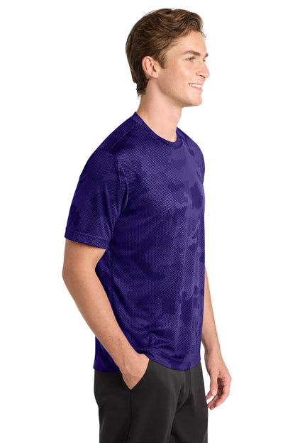 Right View of Purple Sport-Tek CamoHex Tee. ST370 plain