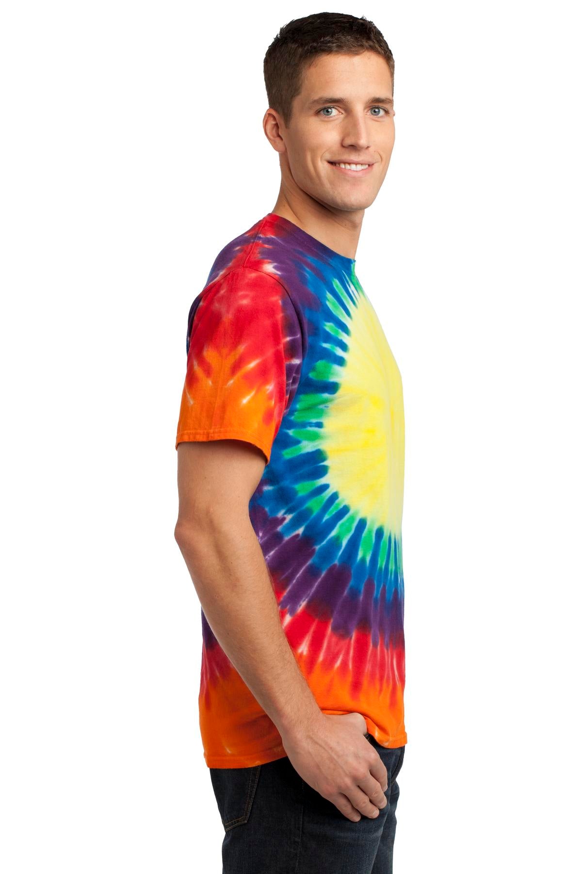 Right View of Rainbow Port & Co Window Tie-Dye Tee. PC149 plain
