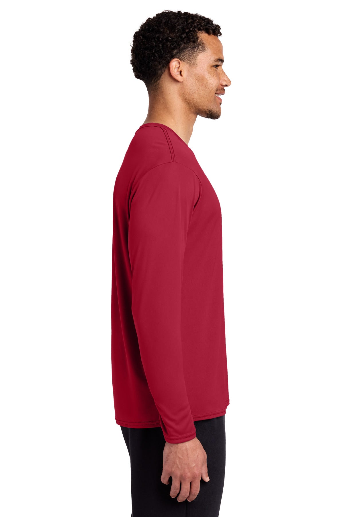 Right View of Red Port & Co Long Sleeve Performance Tee. PC380LS plain