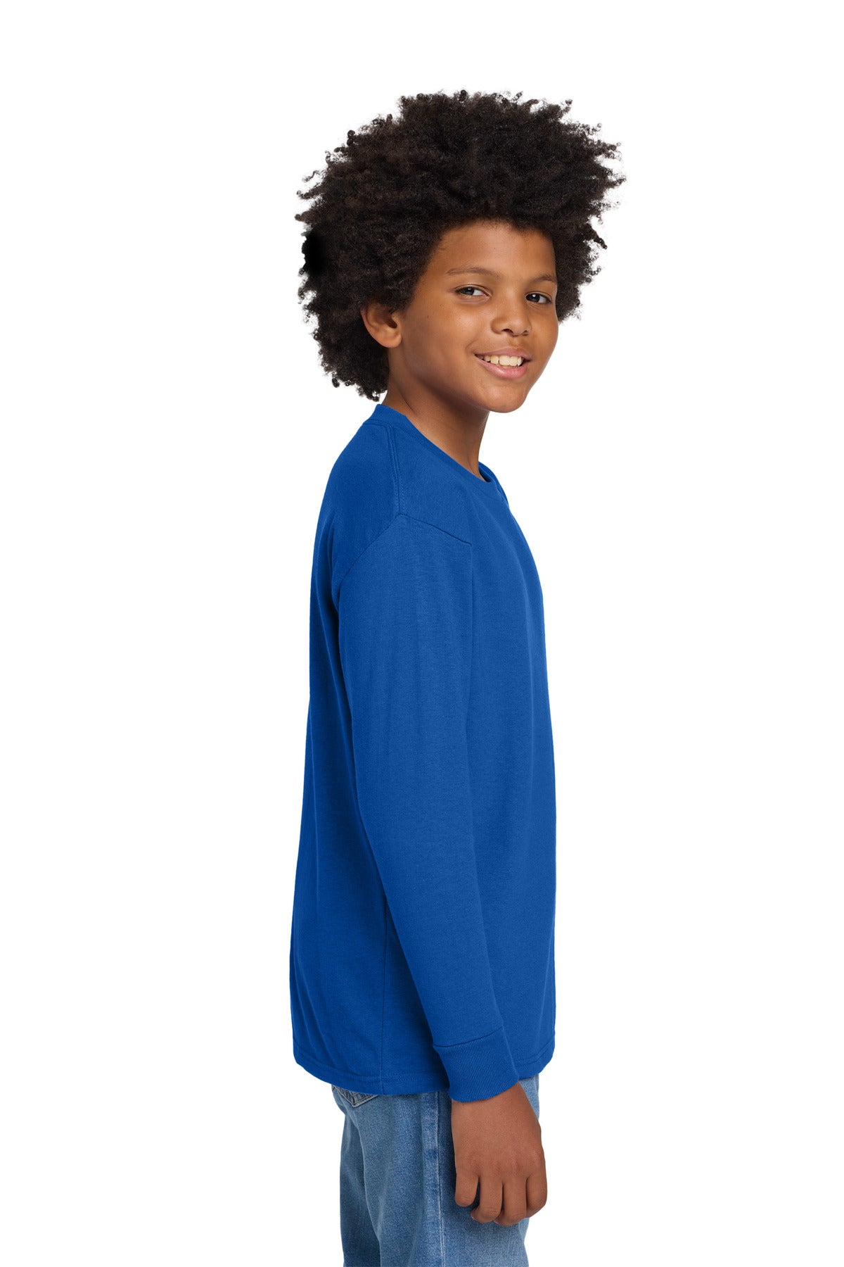 Right View of Royal Gildan Youth Heavy Cotton 100% Cotton Long Sleeve T-Shirt. 5400B plain