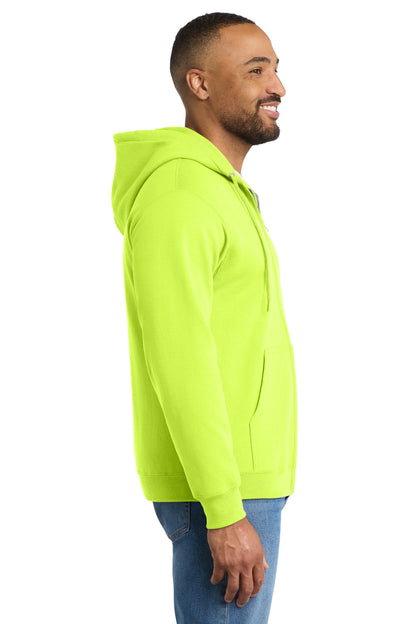 Right View of Safety Green Port & Co Tall Essential Fleece Full-Zip Hooded Sweatshirt. PC90ZHT plain