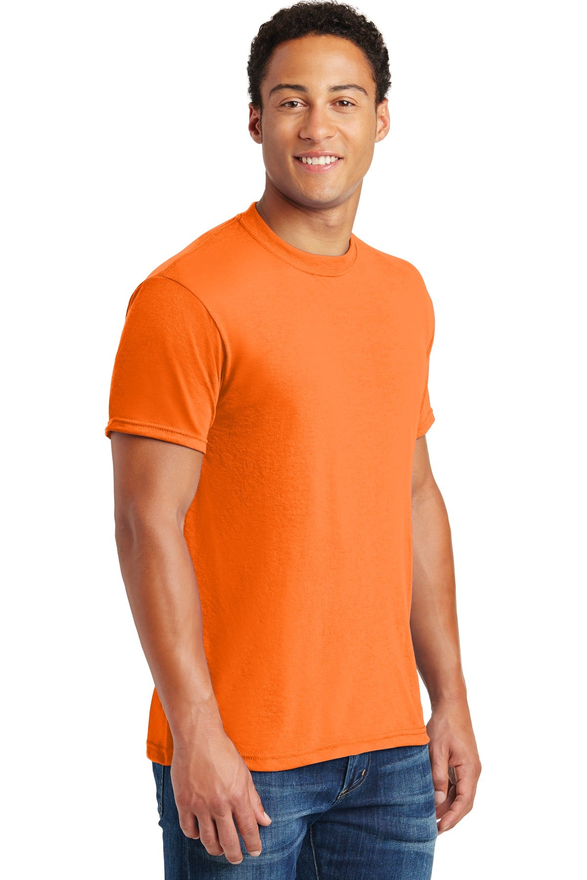 Right View of Safety Orange Jerzees Dri-Power 100% Polyester T-Shirt. 21M plain