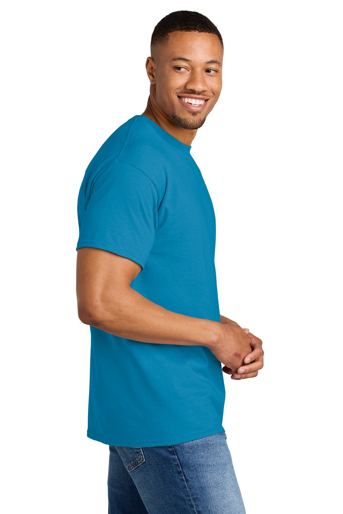 Right View of Sapphire Gildan DryBlend 50 Cotton/50 Poly T-Shirt. 8000 plain