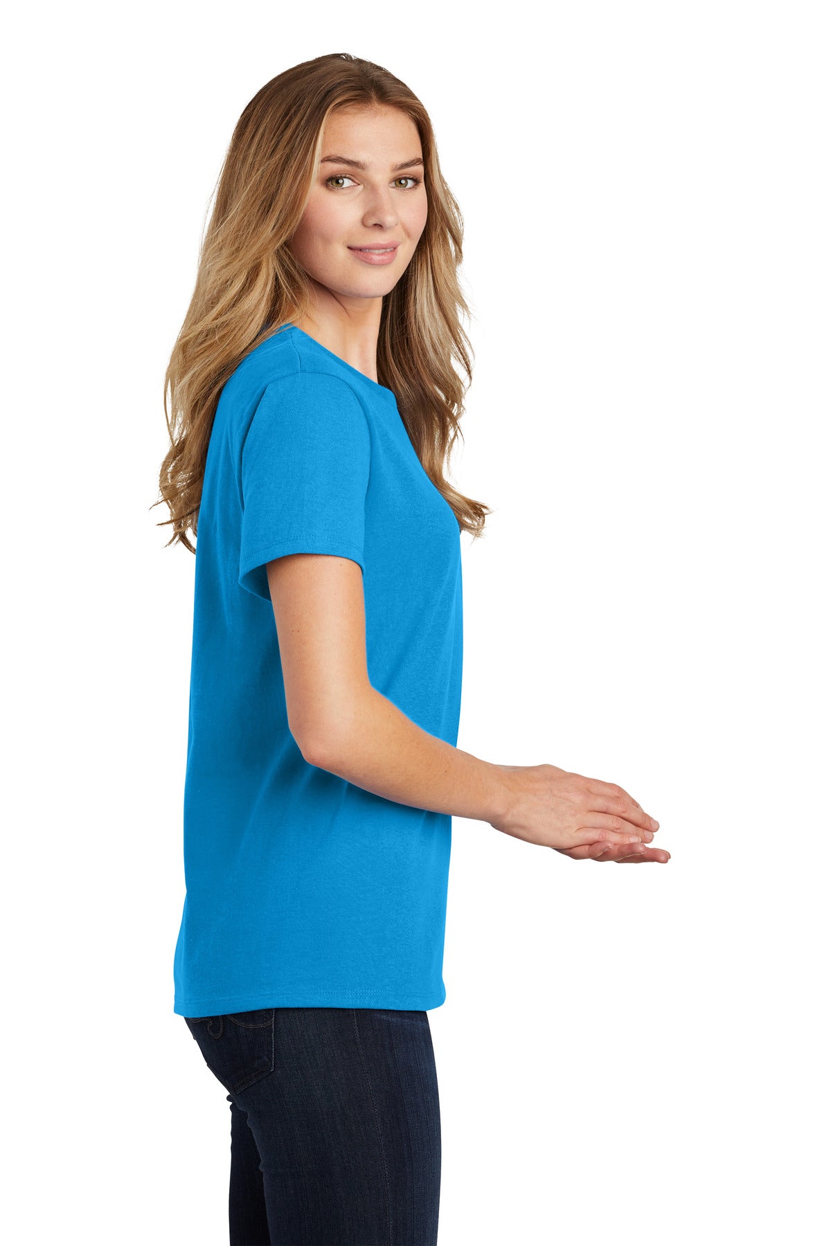 Right View of Sapphire Port & Co Women's Essential Tee. LPC61 plain