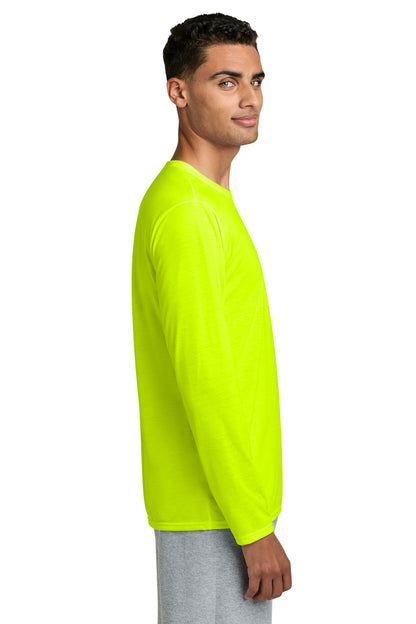 Right View of SftyGrn Gildan Performance Long Sleeve T-Shirt. 42400 plain