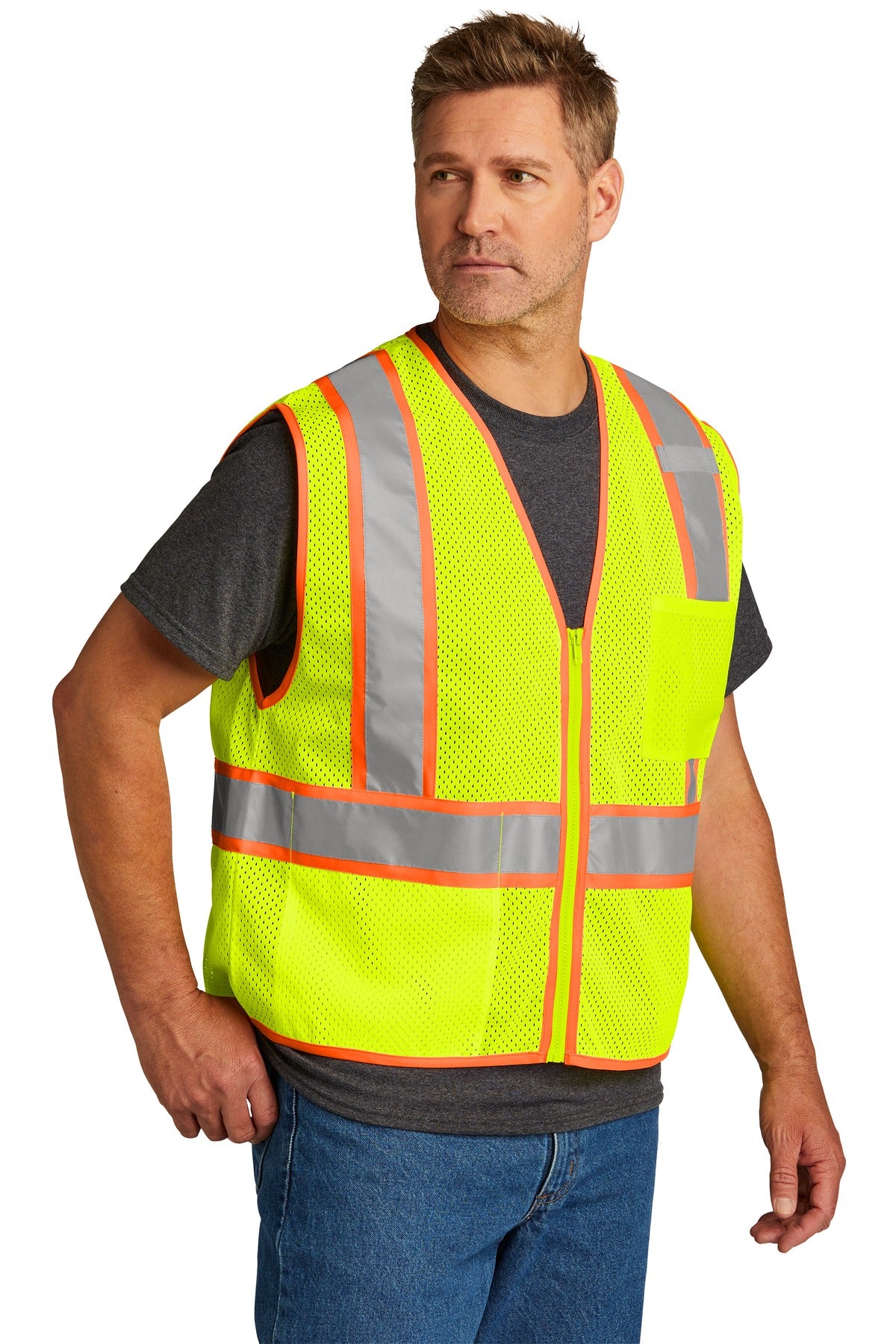 Right View of SftyYellow CornerStone ANSI 107 Class 2 Mesh Zippered Two-Tone Vest. CSV103 plain