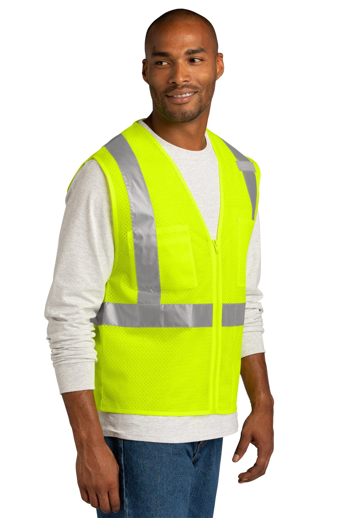 Right View of SftyYellow CornerStone ANSI 107 Class 2 Mesh Zippered Vest. CSV102 plain