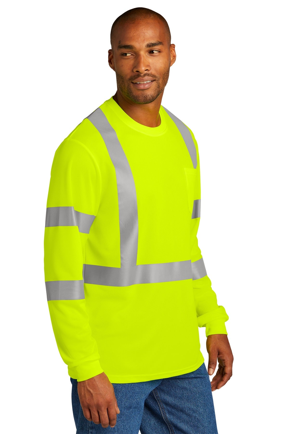 Right View of SftyYellow CornerStone ANSI 107 Class 3 Mesh Long Sleeve Tee. CS203 plain
