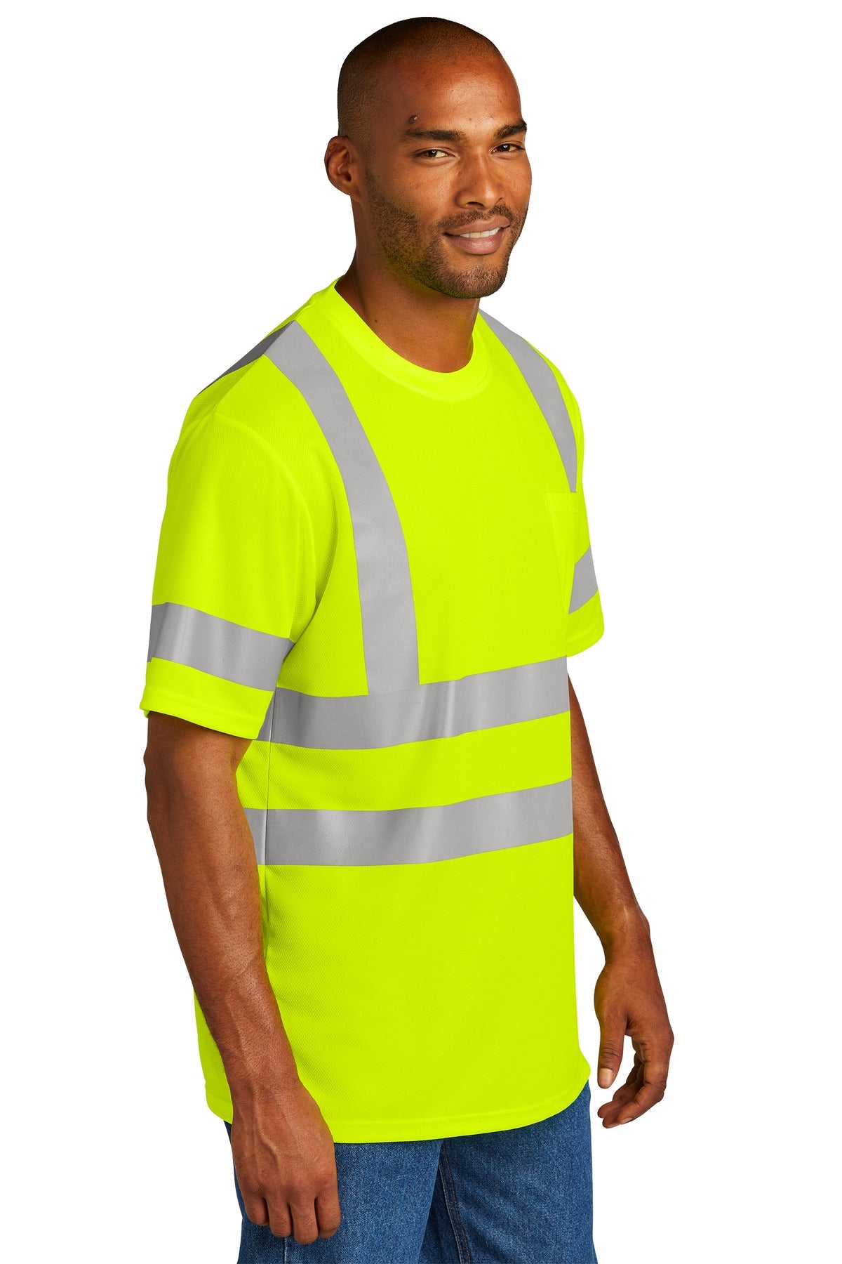 Right View of SftyYellow CornerStone ANSI 107 Class 3 Mesh Tee. CS202 plain