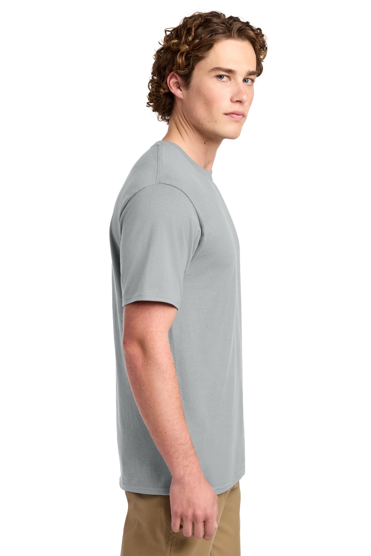 Right View of Silver Port & Co Ring Spun Cotton Tee. PC150 plain
