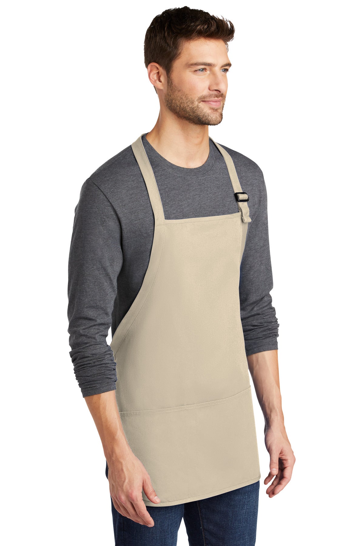 Right View of Stone Port Authority Medium-Length Apron with Pouch Pockets. A510 plain