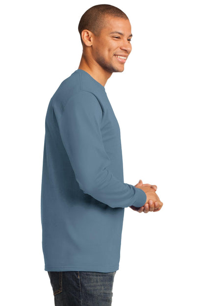 Right View of Stonewash Blue Port & Co Long Sleeve Essential Tee. PC61LS plain
