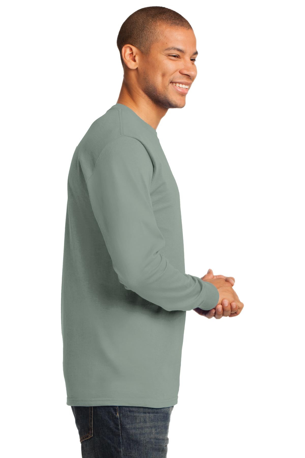 Right View of Stonewash Gree Port & Co Long Sleeve Essential Tee. PC61LS plain