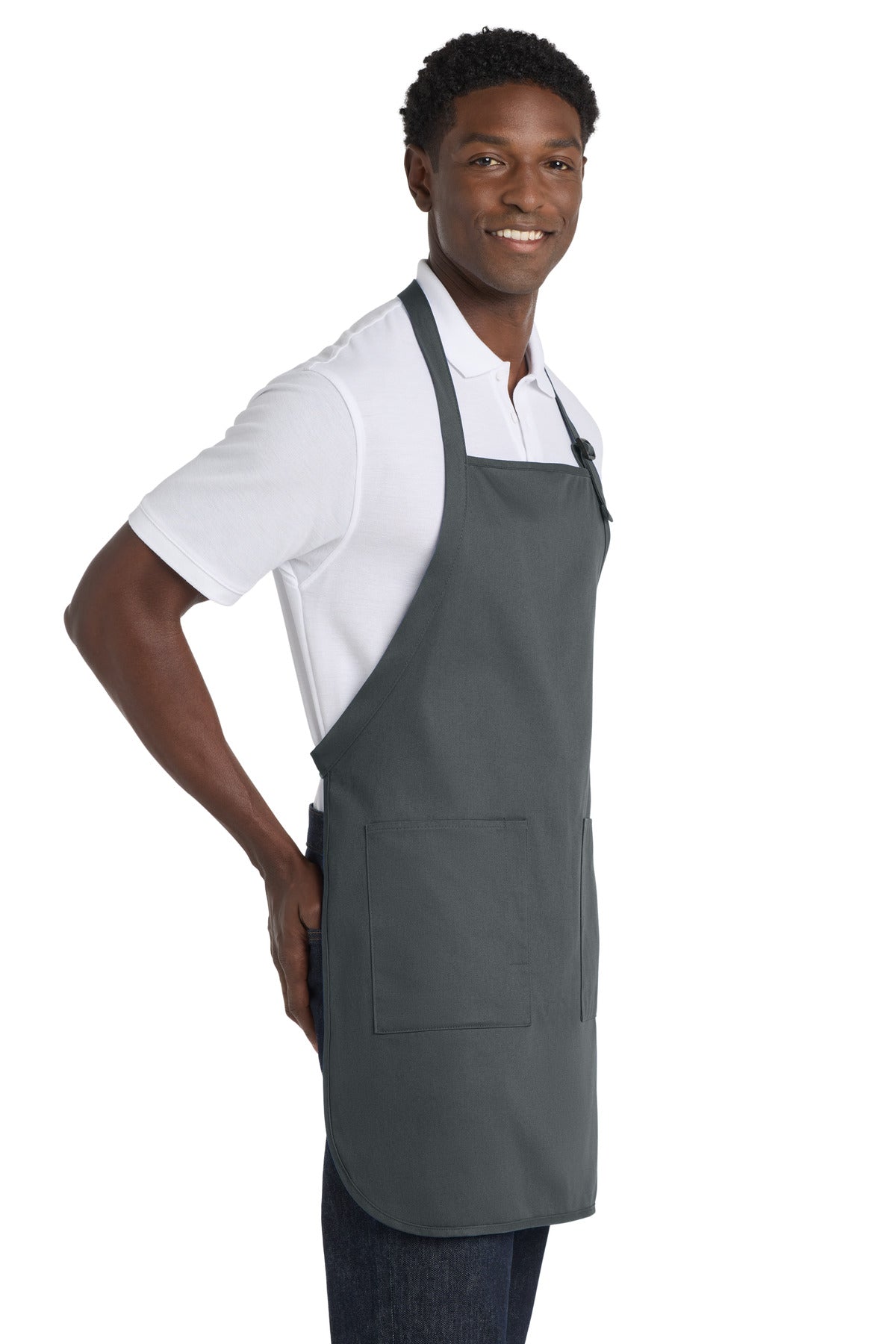 Right View of StormGrey Port Authority Full-Length Apron with Pockets. A500 plain