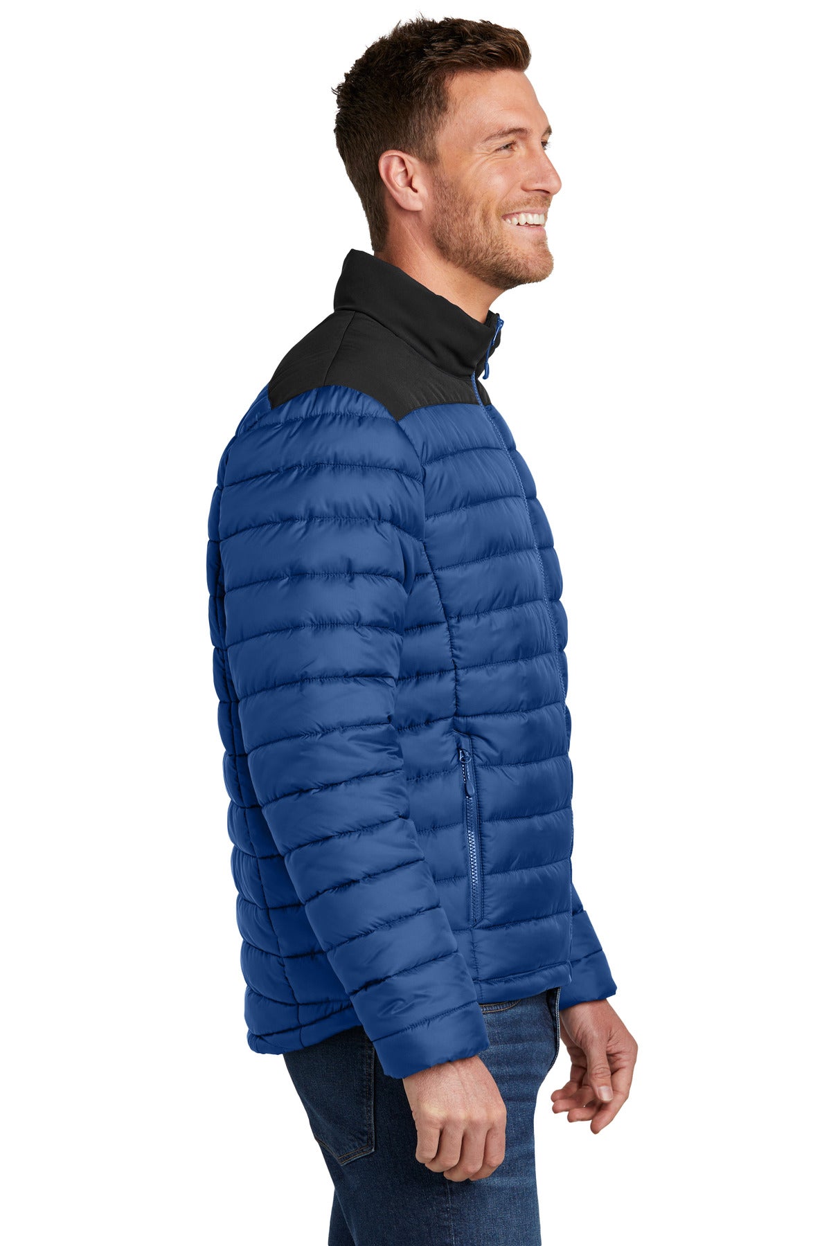 Right View of TBlu/DpBlk Port Authority Horizon Puffy Jacket J364 plain