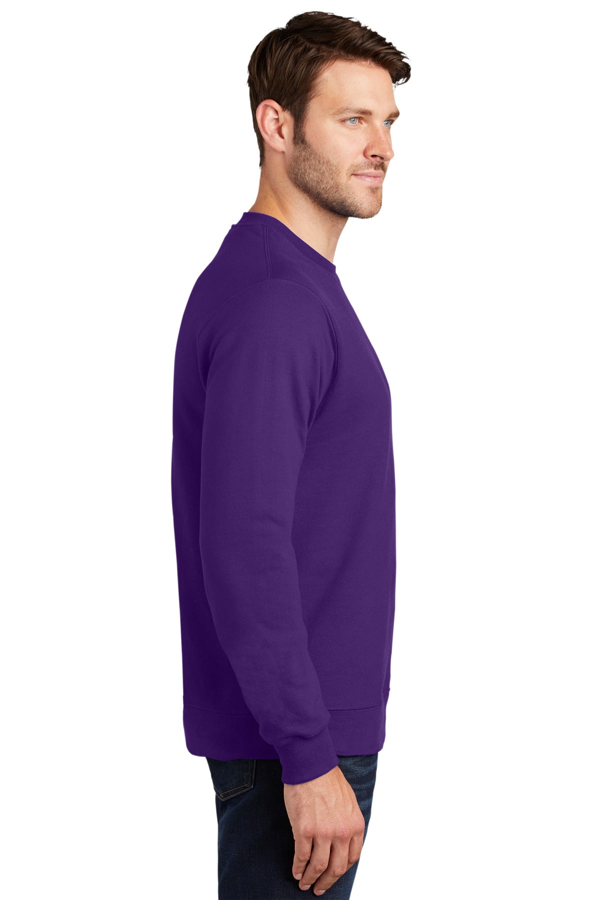 Right View of Team Purple Port & Co Fan Favorite Fleece Crewneck Sweatshirt. PC850 plain