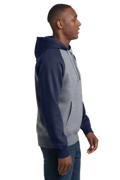 Right View of Tr Navy/Vnt He Sport-Tek Raglan Colorblock Pullover Hooded Sweatshirt. ST267 plain