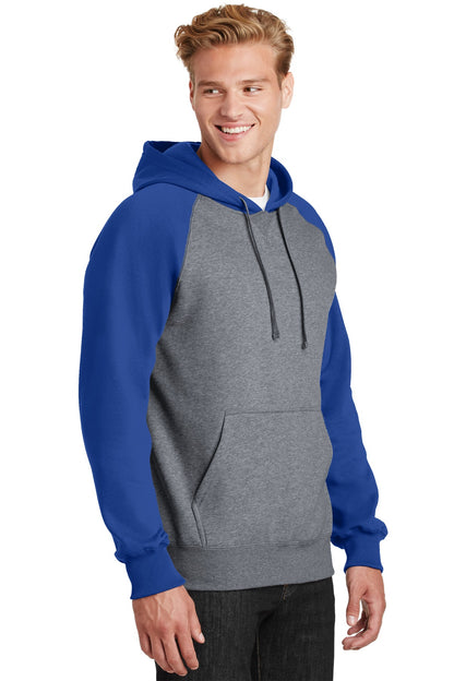 Right View of Tr Royal/VntHe Sport-Tek Raglan Colorblock Pullover Hooded Sweatshirt. ST267 plain